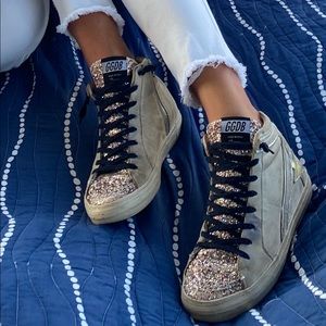 Golden Goose Deluxe Brand Slide Mid-Top Glitter Suede sneakers. Size 39